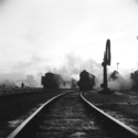 Black and white photograph showing locomotives outside York North Engine shed in 1951