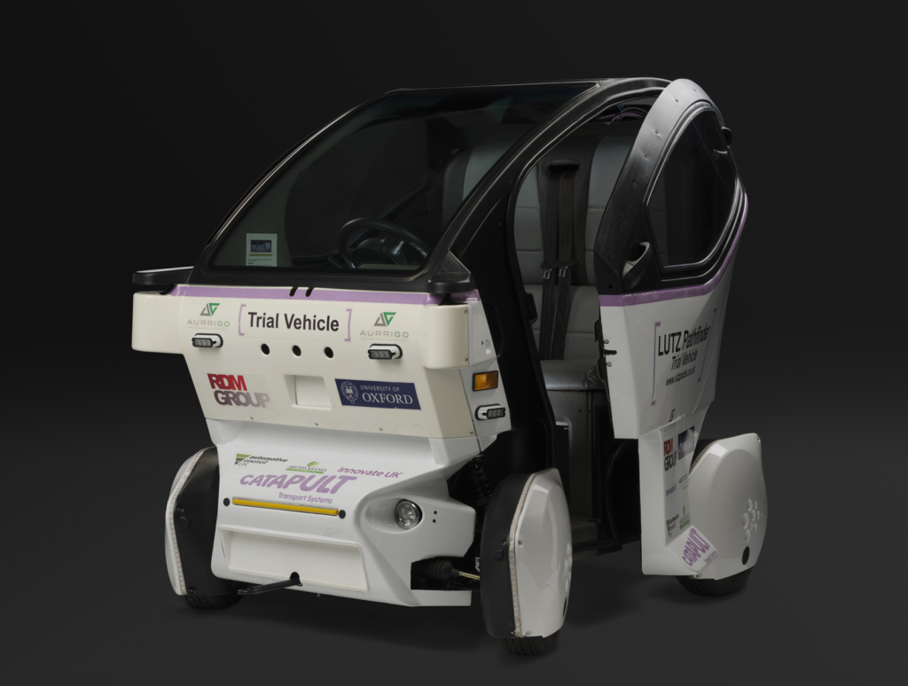 Colour photograph of a Lutz Pathfinder Pod automated vehicle