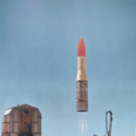 Colour photograph of the Black Arrow R3 rocket being launched