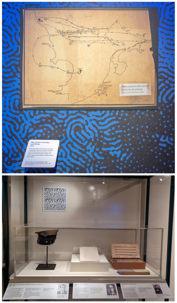 Colour photographs of object displays in the Top Secret exhibition