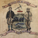 Banner illustrating an engineer and a miner that says By Mind And By Hand