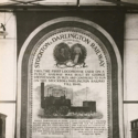 Black and white photograph of a banner for a railway centenary exhibition in 1925
