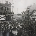 Black and white photograph of the unveiling of the Joseph Pease Statue in Darlington in 1825