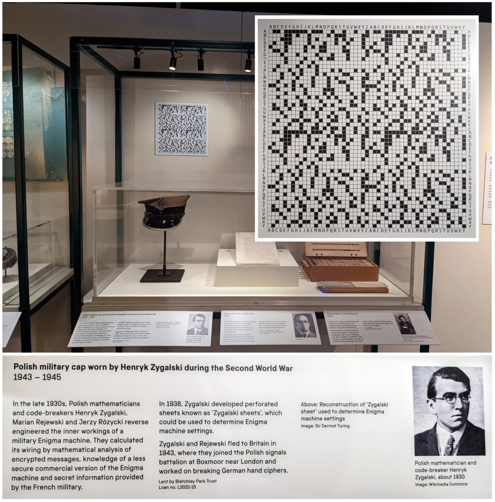 Colour photograph of a reconstruction of a Zygalski Sheet on display at the National Science and Media Museum