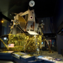 Colour photograph of the Apollo Eleven Lunar Module on display in the Science Museum