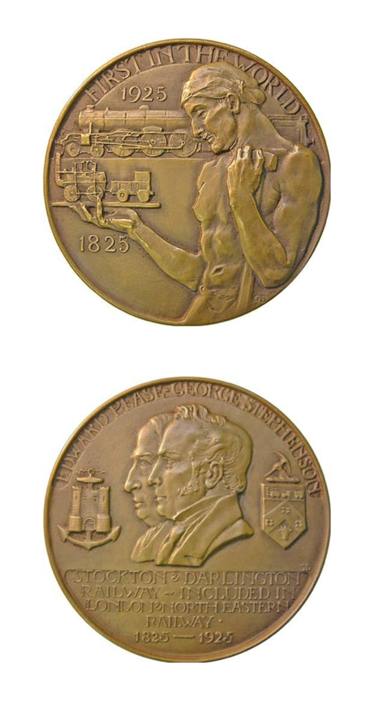 Colour photographs of a Stockton and Darlington Railway centenary medallion