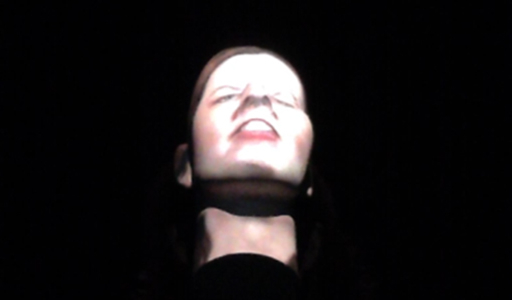 Colour photograph of an audio visual display showing a disembodied talking head