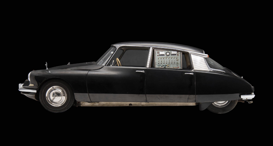 Colour photograph of the Citroen automated car showing the interior processing bank