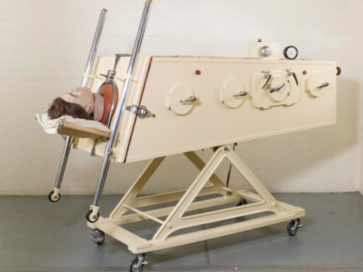 Colour photograph of an iron lung negative pressure ventilator