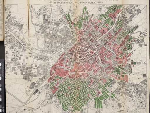 Map of the City of Manchester from 1876 showing commercial ecclesiastical or other public buildings in red and houses built since 1831 in green