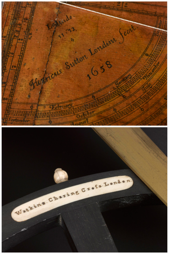 Two colour photographs of historical scientific measuring instruments