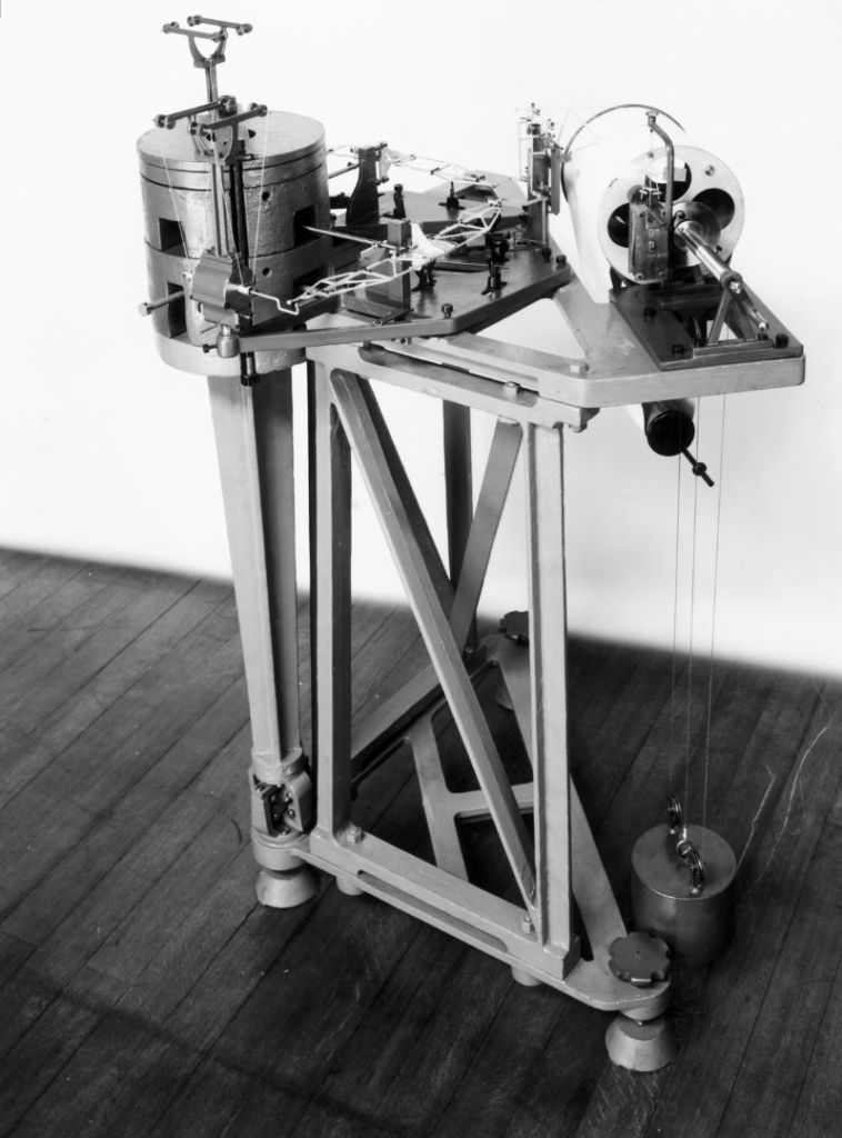 Black and white photograph of the Wiechert seismograph