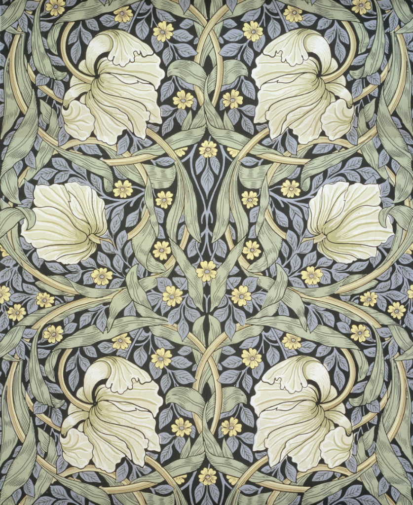 Block printed wallpaper of Vine Daisy Willow Sunflower Pomegranate Trellis Pimpernel