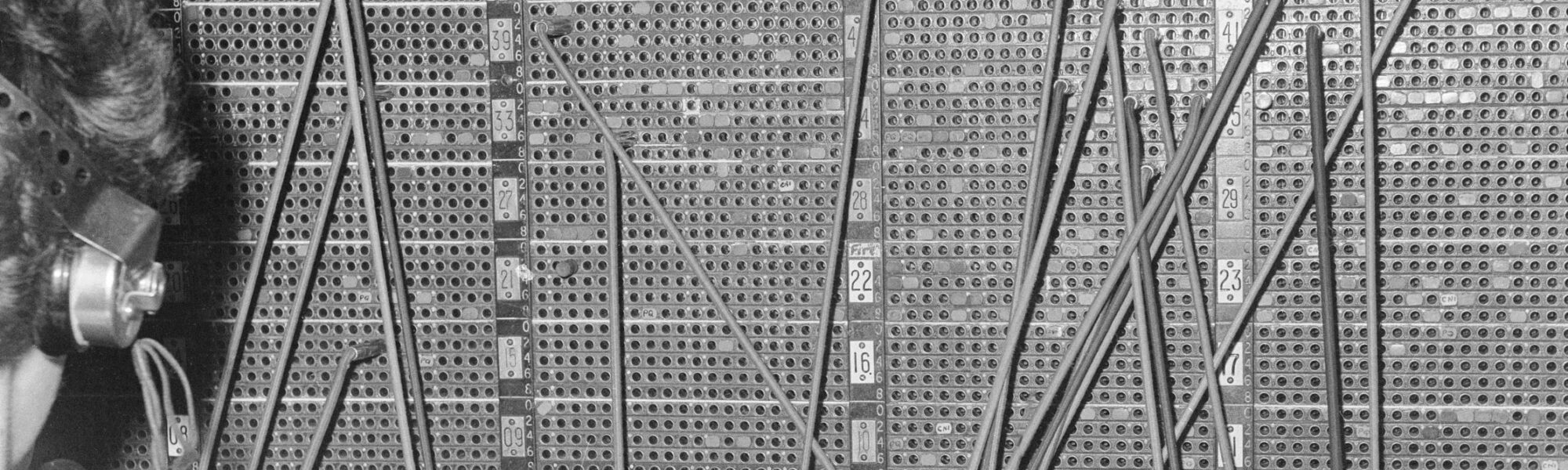 Black and white photograph of a telephone exchange