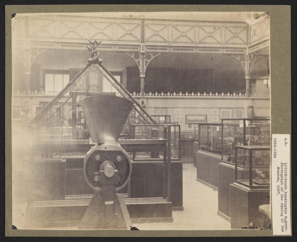 Sepia photograph of a patent office exhibition display in 1957