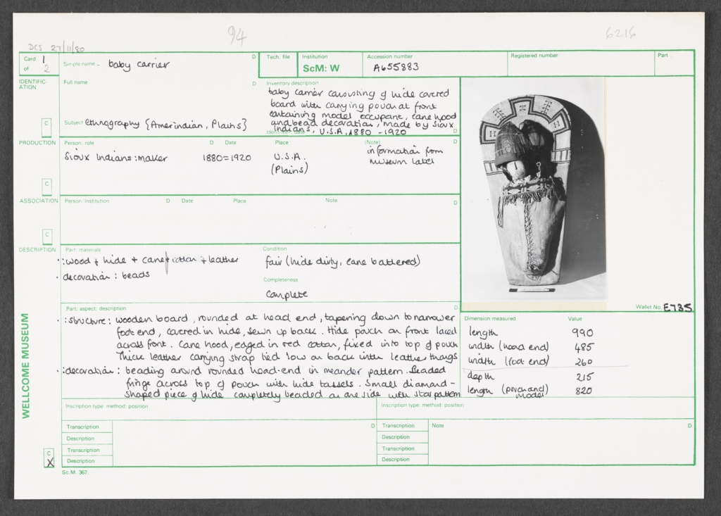 A catalogue card for a Wellcome Collection baby carrier object