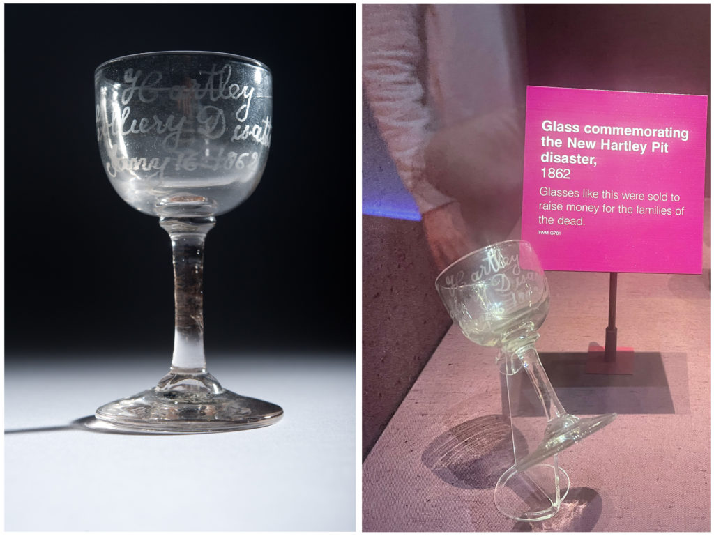 Two colour photographs of the commemorative wine glass for the Hartley Colliery Disaster
