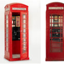Two colour photographs of traditional red telephone kiosks