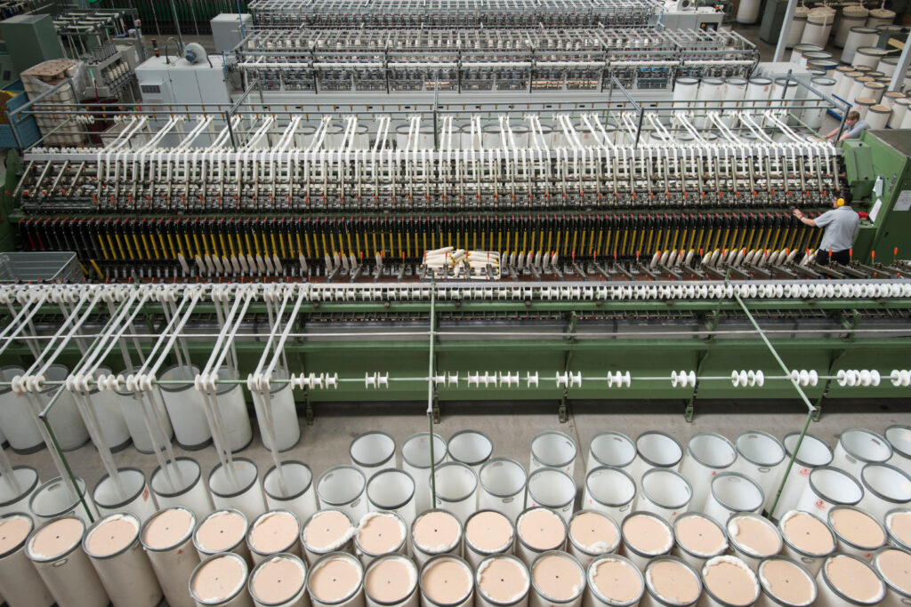 Photograph of the spinning department at Laxtons yarn manufacturer