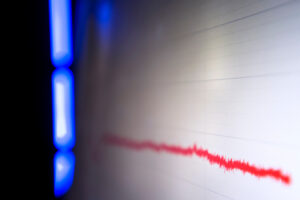 Photograph of the read out of a machine that measures the thickness of a graphene fibre