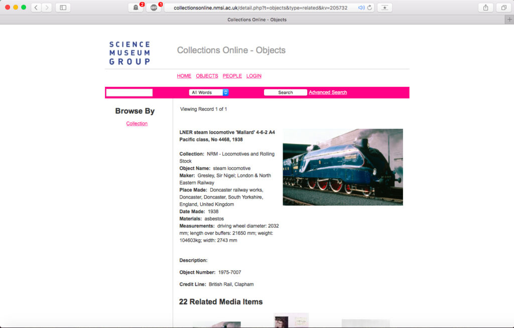 Screengrab of Science Museum Group Collections Online website