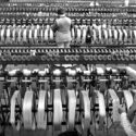 Photograph of workers spinning silk at Listers Bingley Mills in 1989