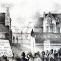 Photomechanical reproduction circa 1900 depicting a lockout at Bryant and Mays factory with peaceful demonstration. Grosvenor Prints