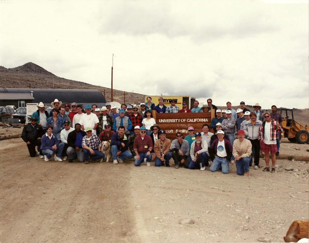 Colour photograph of Steve Rooks with aircraft measurements trials team in 1995