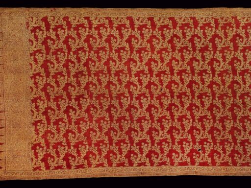 Colour photograph of a cotton skirt or shoulder cloth made on the Coromandel Coast for the Indonesian market