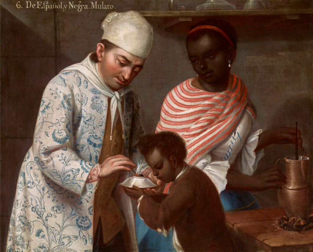Oil painting entitled De Espanol y Negra, Mulato from 1760