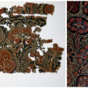 Colour photograph of a sample of Gujarati block printed cotton excavated from Egypt and Colour photograph of a cotton ceremonial banner made in Gujarat for Indonesian market