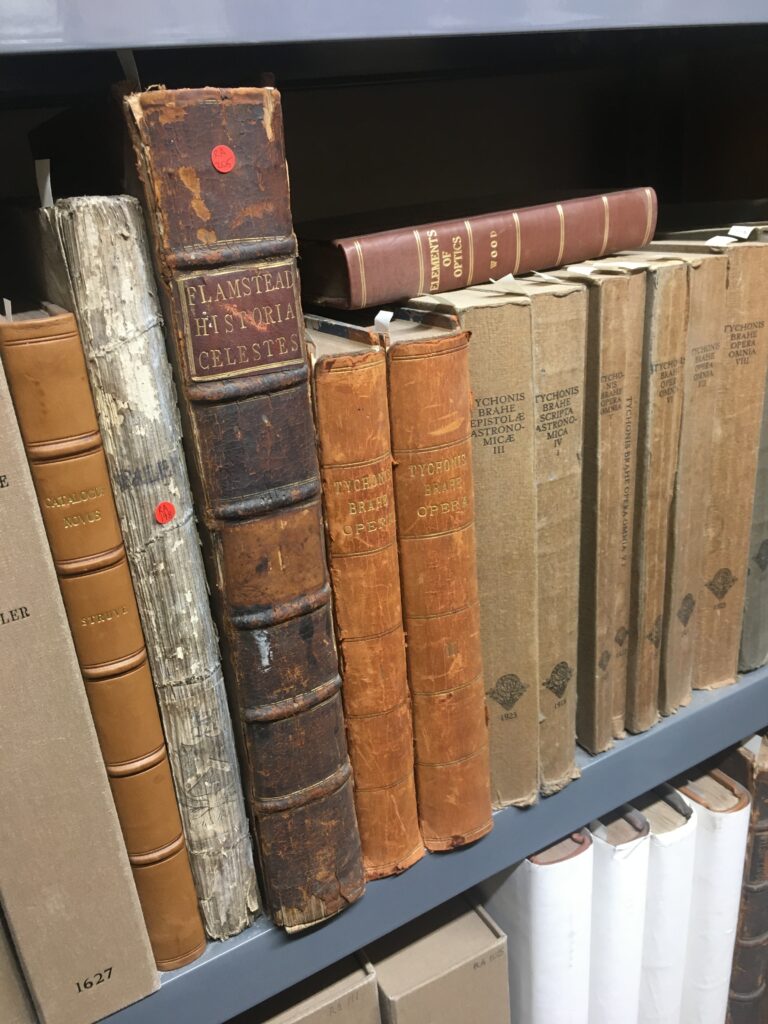 Colour photograph of a shelf of rare books at Armagh Observatory