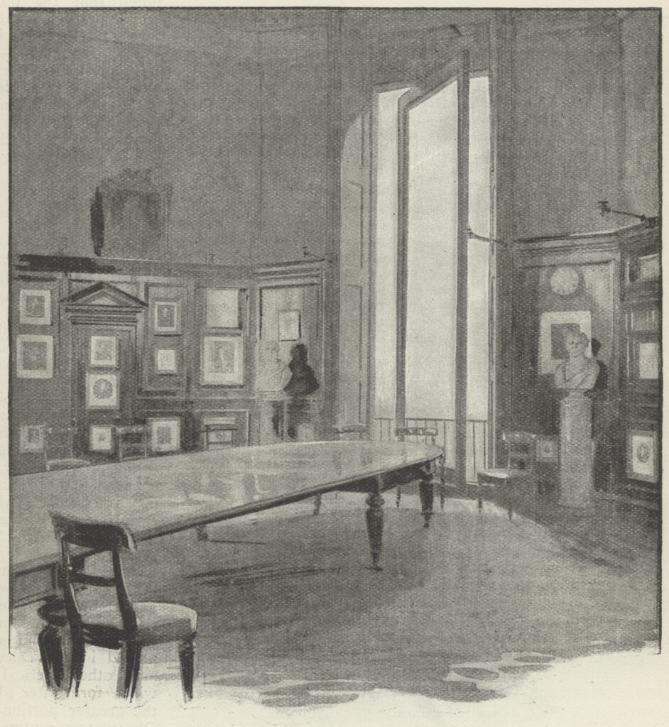 Illustration of a view of the Octagon Room and its large table