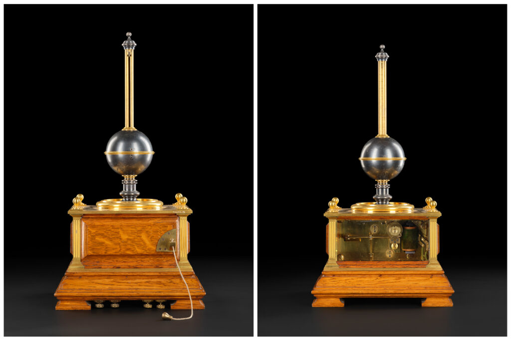Front and back photographs of a miniature time ball from 1855