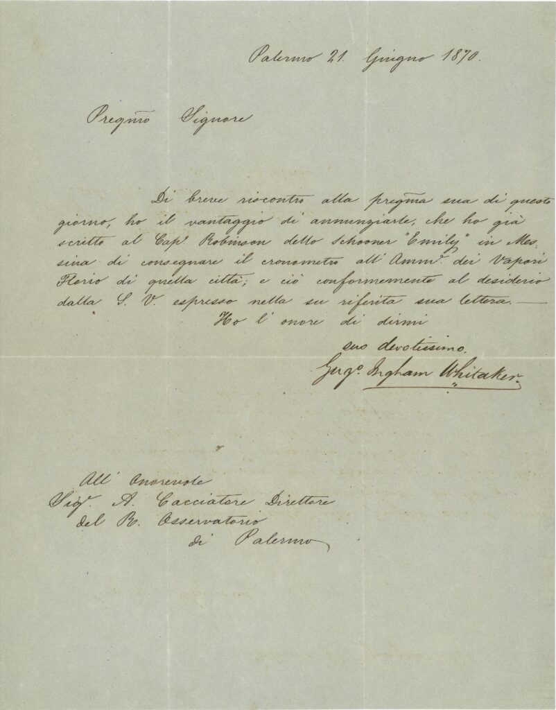 Handwritten letter by Guglielmo Ingham Whitaker to Gaetano Cacciatore