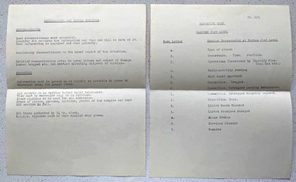 Two typed Civil Defence training handouts