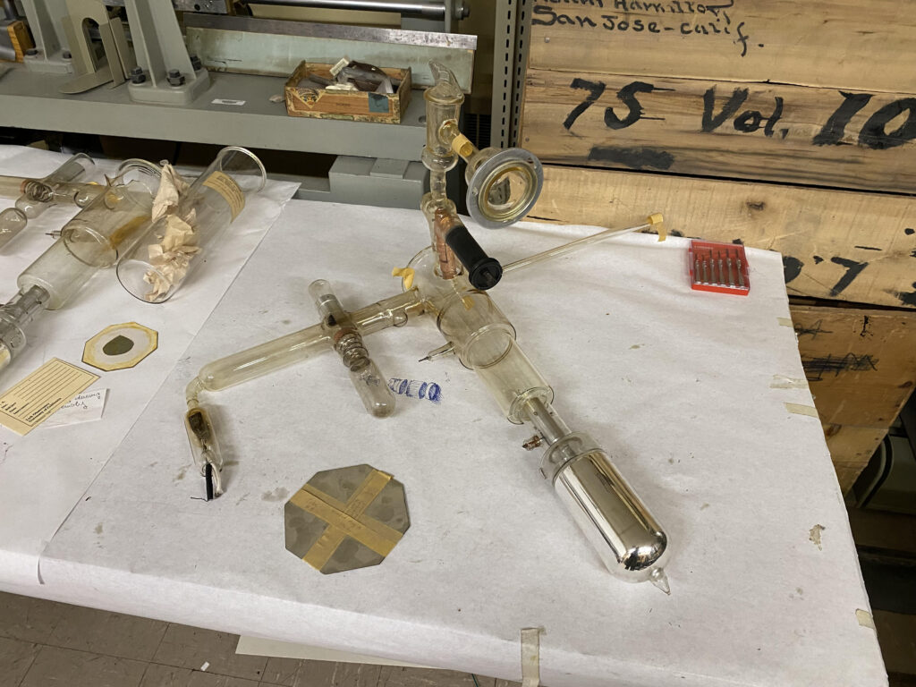 Colour photograph of the Lallemand camera with electron optics disassembled at Lick Observatory in 2021