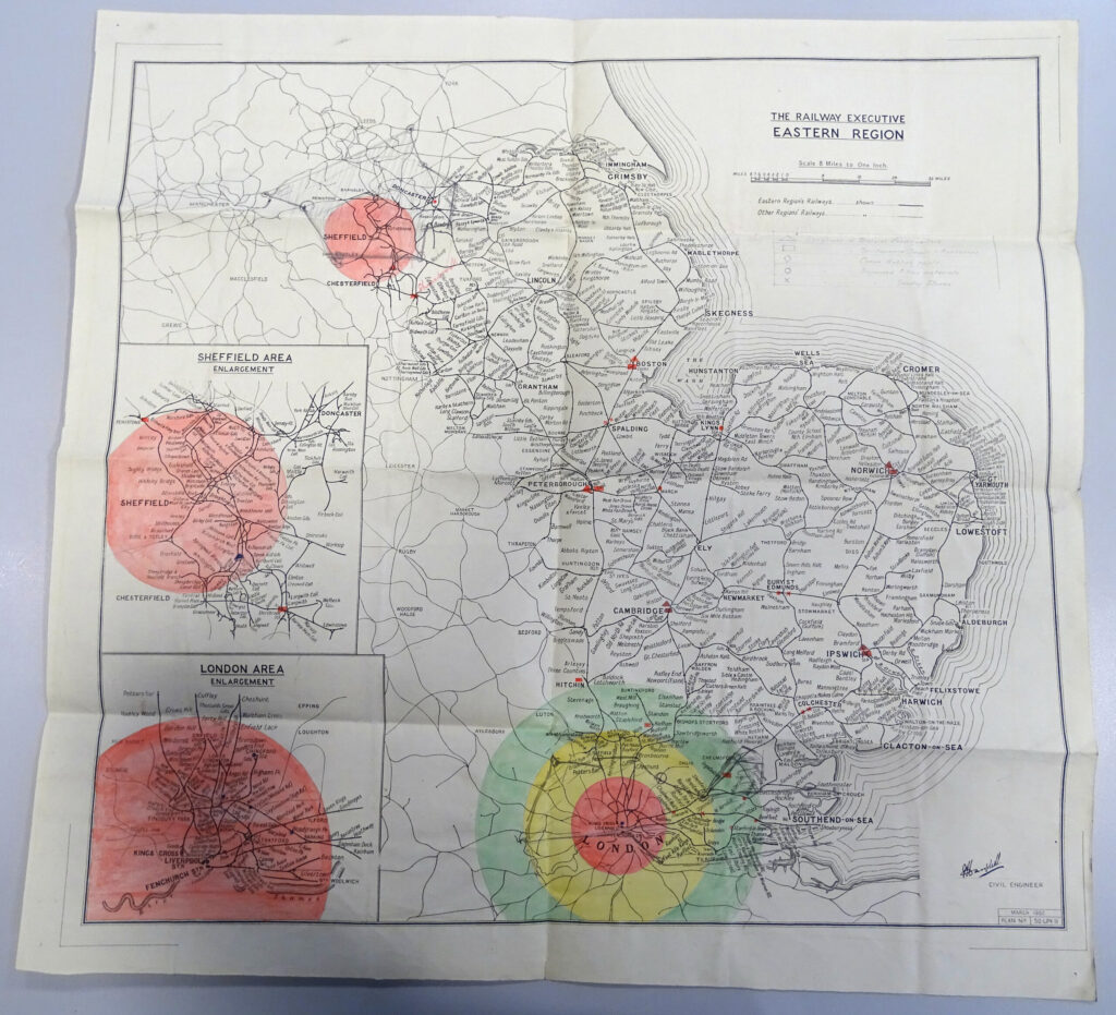 Photograph of a map of Eastern England showing expected areas of destruction after an explosive attack
