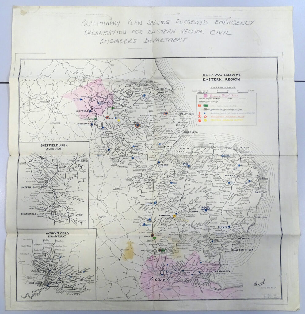 Map of the Eastern Region divided into individual districts with suggested civil defence infrastructure