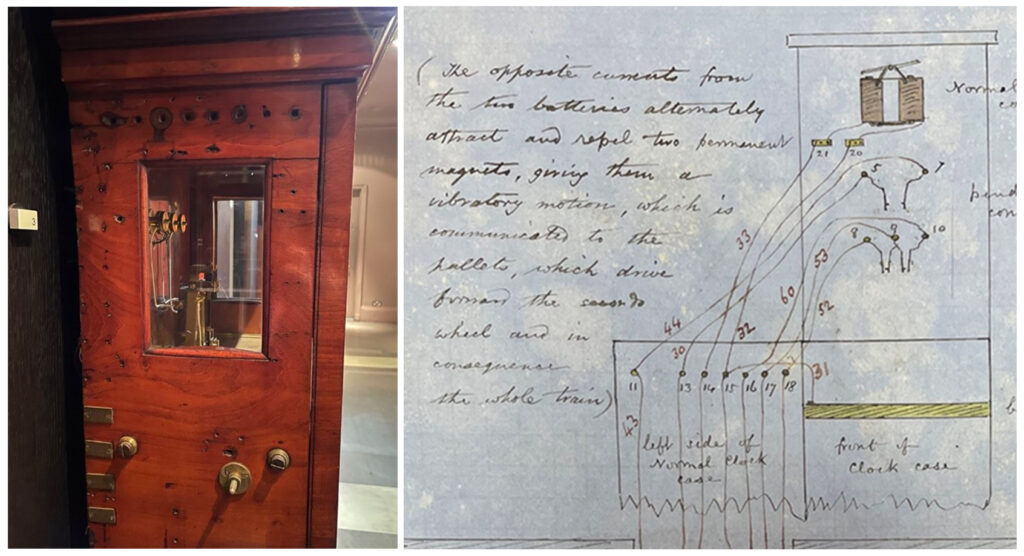 Colour photographs of a clock on display at the Royal Observatory and a diagram of the wires for the Circuits for Normal Clock and Clocks Sympathetic with the Normal Clock