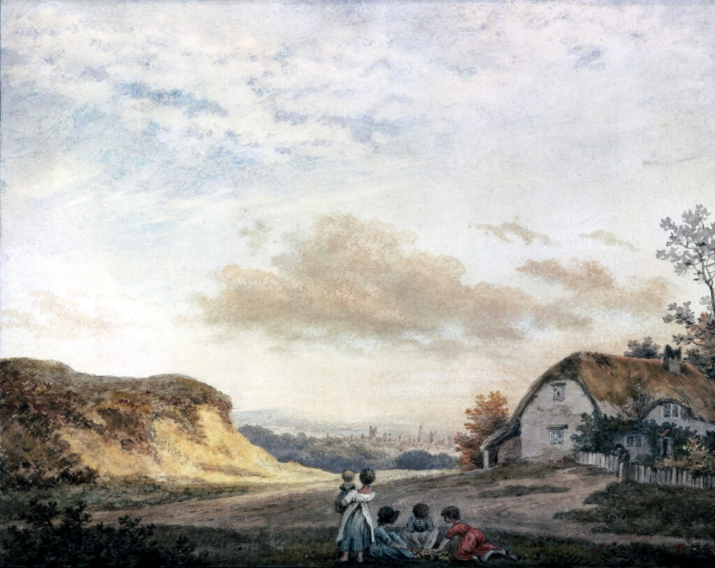 Oil painting depicting a rural scene with cumulous cirrus and cirrocumulous cloud formations above