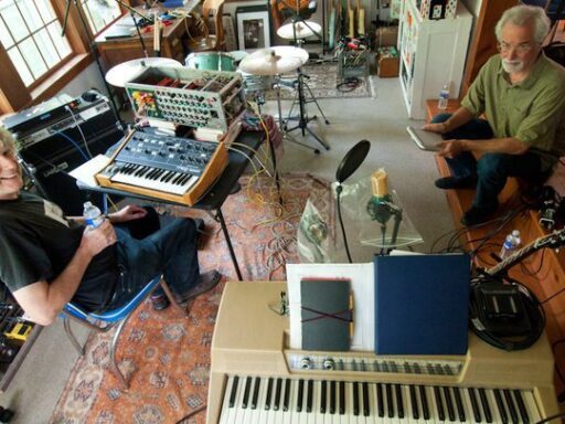 Photograph of Trevor Pinch sat at a Mini Moog synth