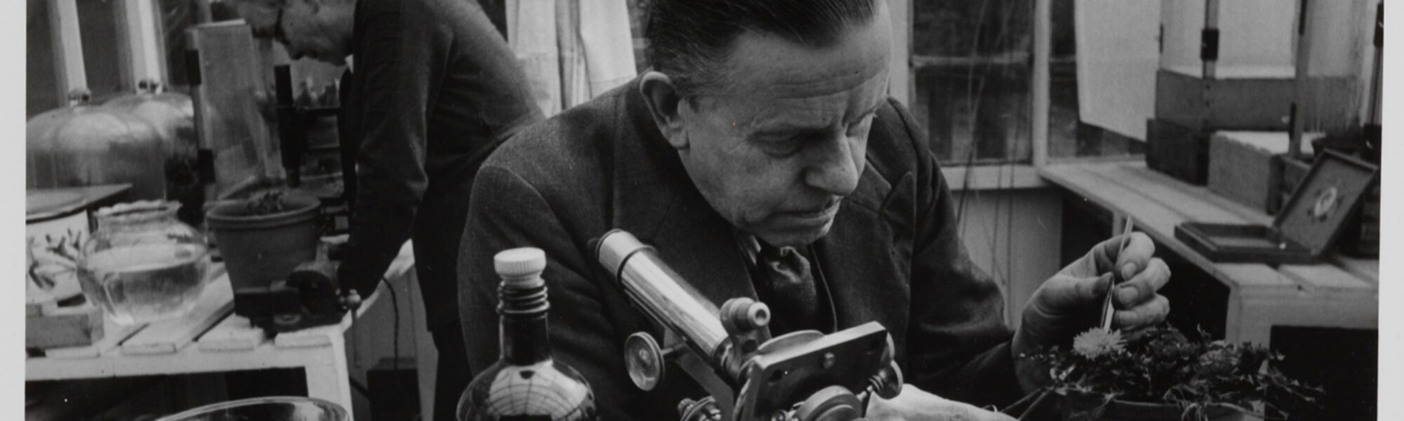 Monochrome photograph of Kate and Percy Smith working in a greenhouse laboratory