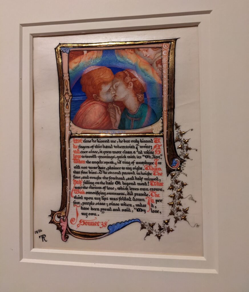 Pen and ink illustration of a couple kissing from Sonnets from the Portuguese