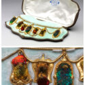 Colour photographs of an ornate necklace made of gold and the heads of hummingbirds