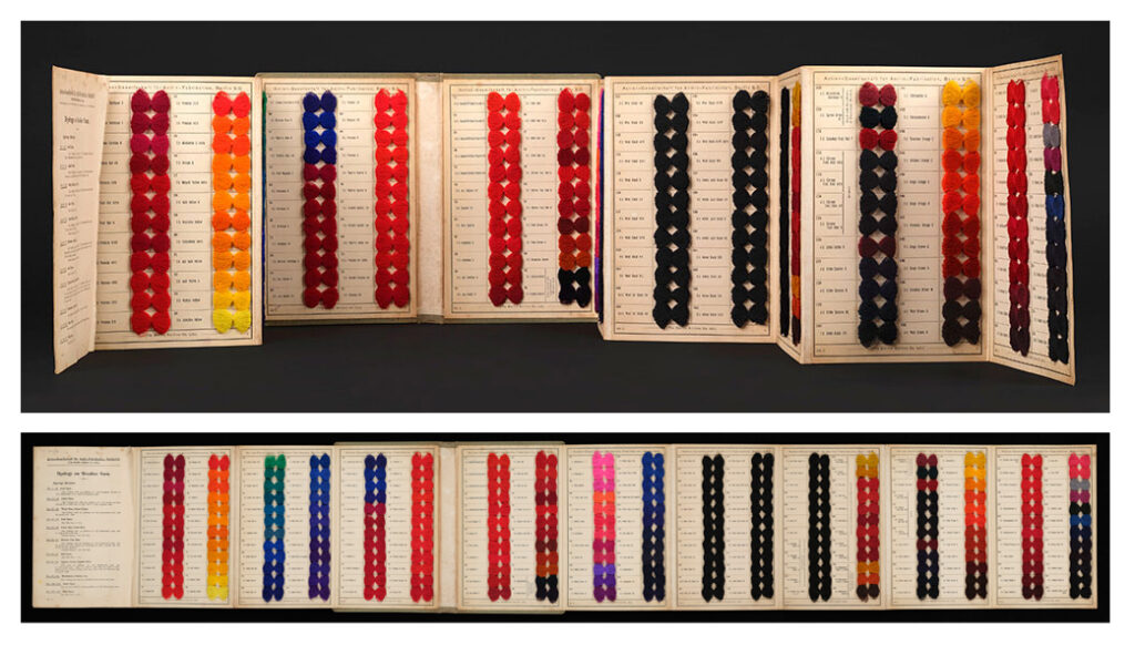 Colour photographs of Berlin Aniline Company dyed wool samples from 1900