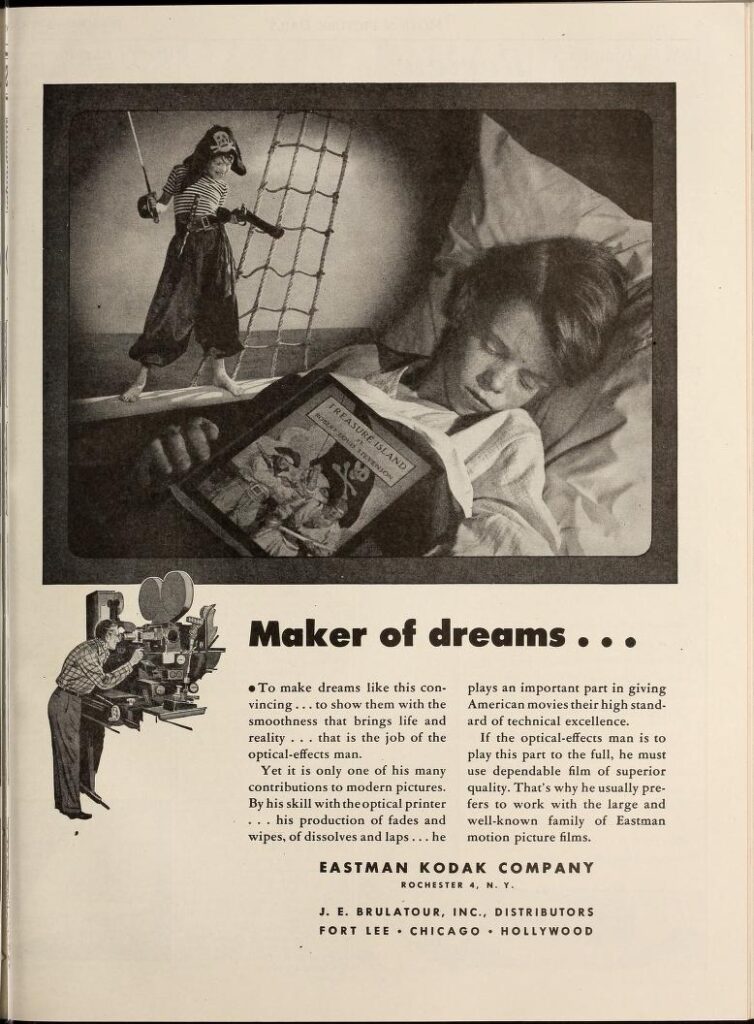 Newspaper advertisement for the Eastman Kodak produced optical printer depicting a boy dreaming about being a pirate