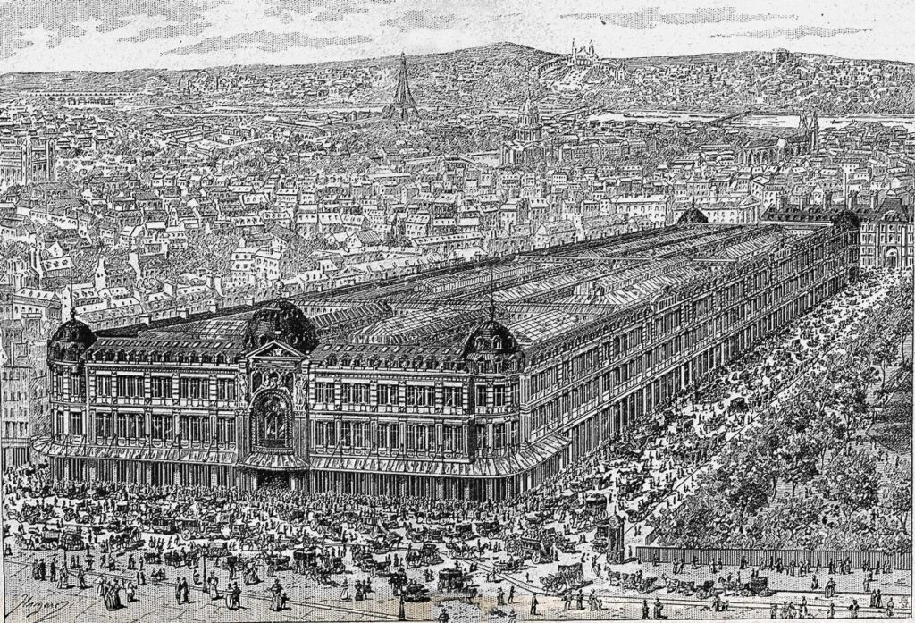 Engraving of a large early department store in Paris in mid nineteenth century