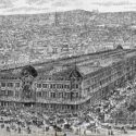 Engraving of a large early department store in Paris in mid nineteenth century