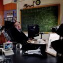 Colour photograph of Stephen Hawking in his office